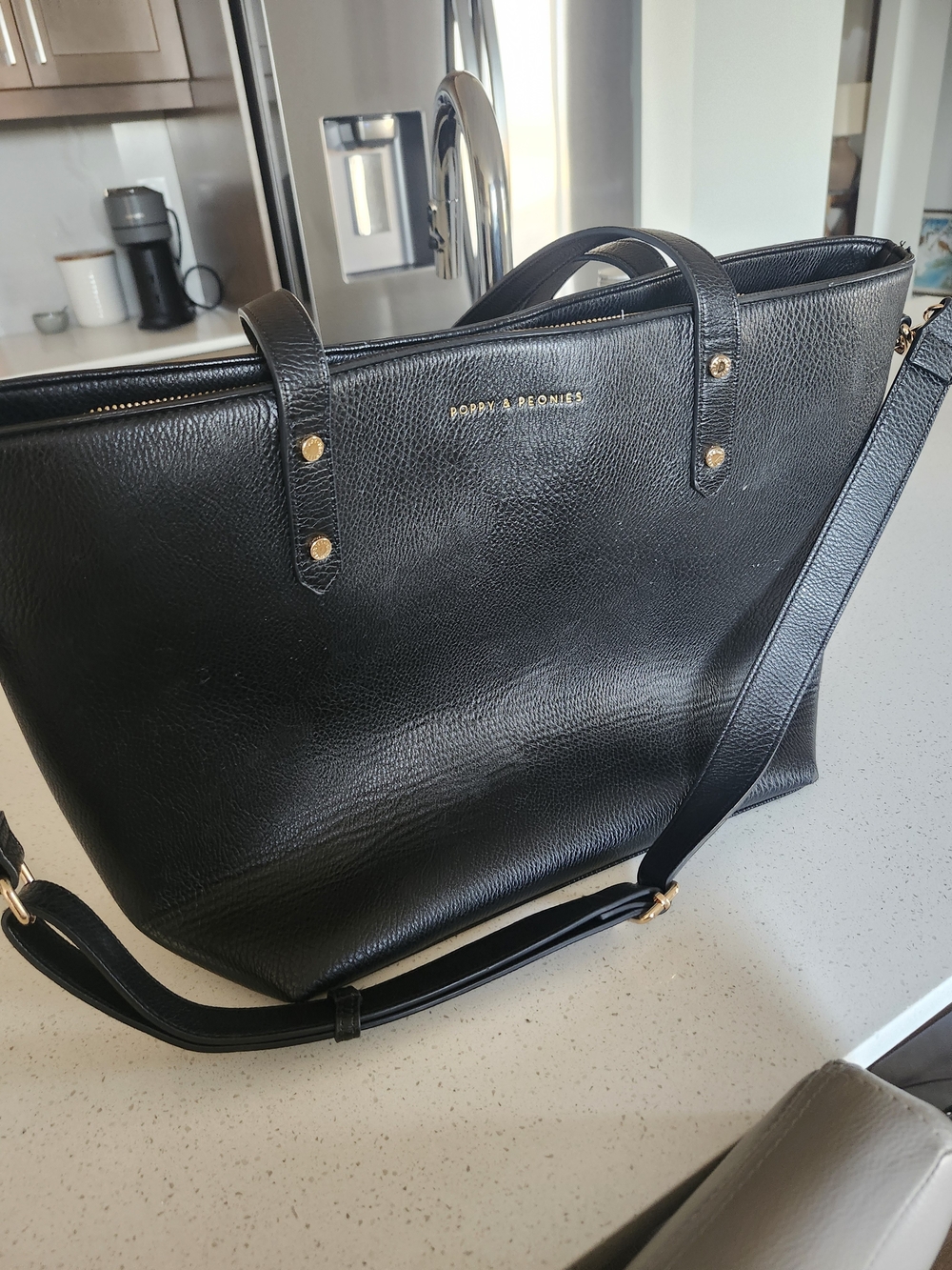 POPPIES & PEONIES Black Leather Tote with Shoulder Strap